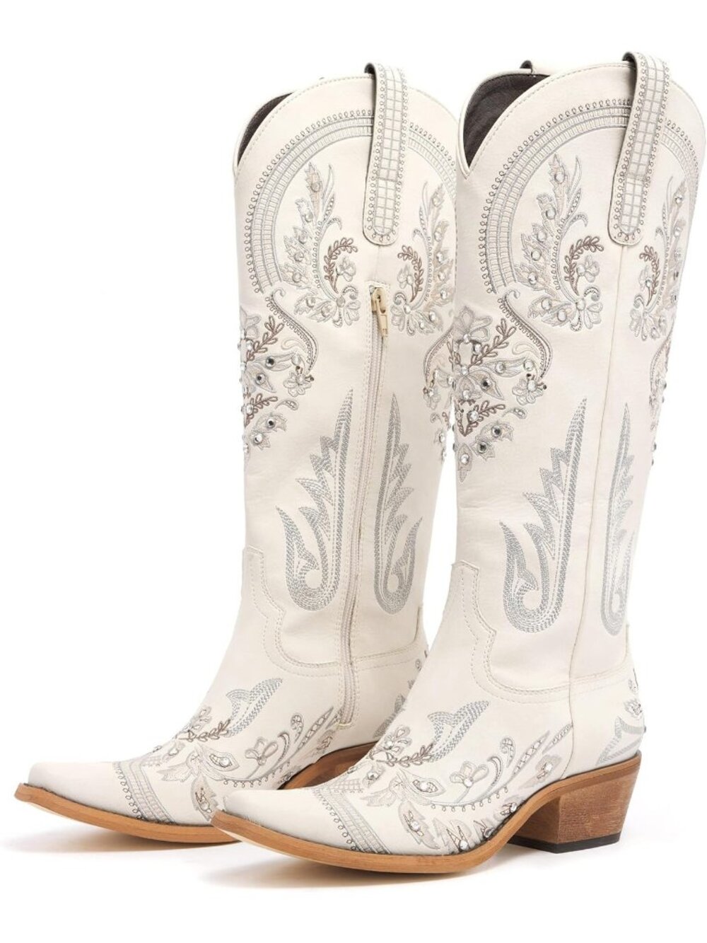 Woman's Cream Pointed Toe Embroidered Rhinestone Chunky Heel Cowgirl Boots - Picture 6 of 7